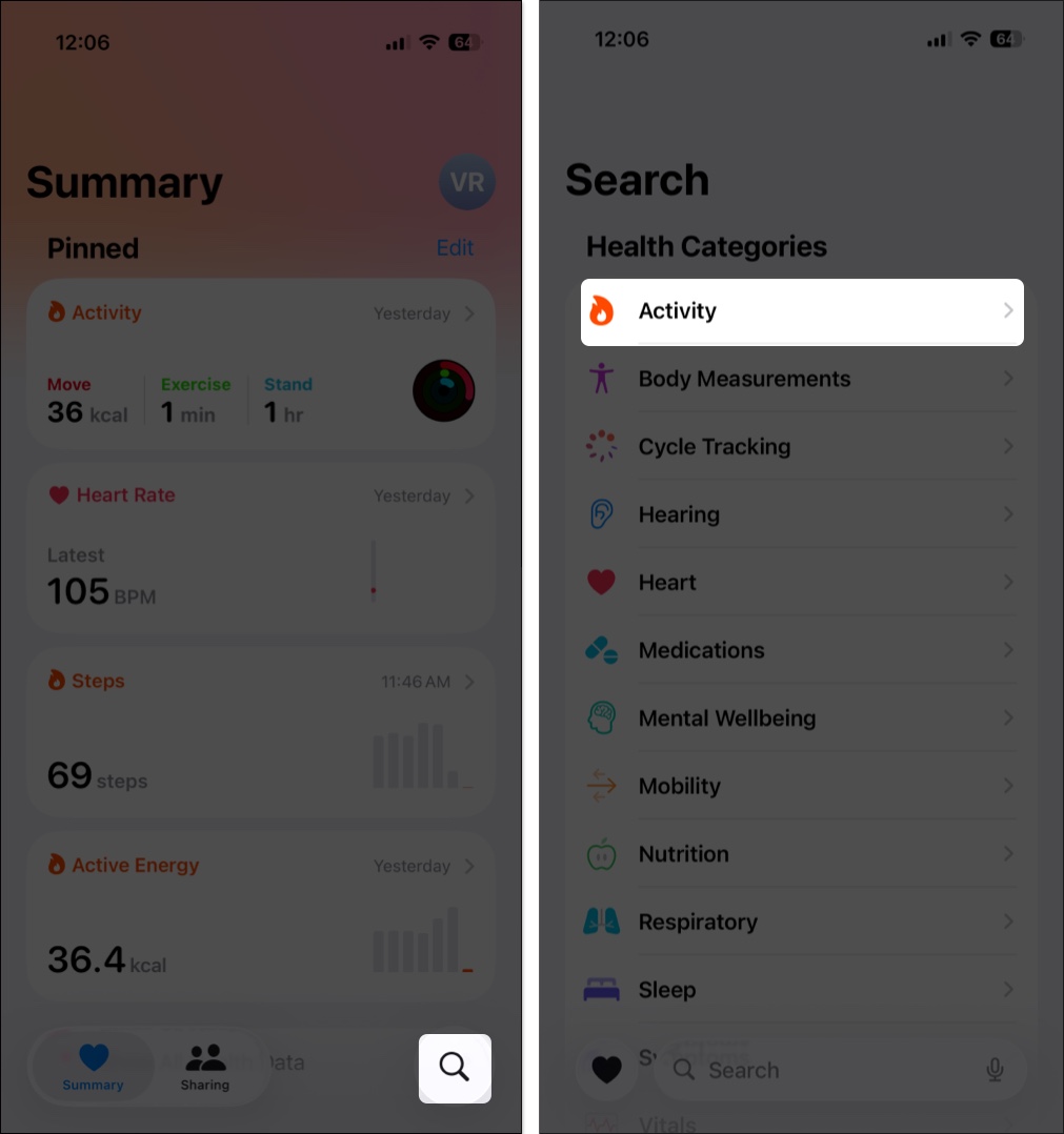 Open Health and tap the Magnifying Glass