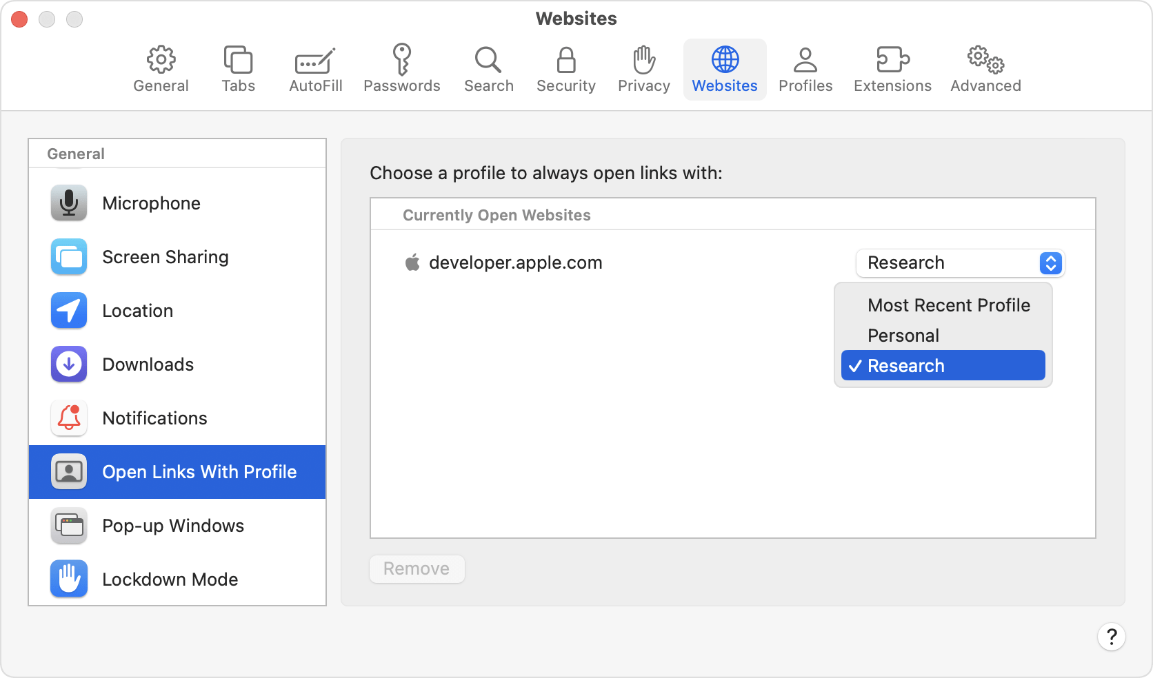 Access Safari Settings and move to the Websites tab, from the sidebar select Open Links With Profile. Click the dropdown menu and choose the profile name.