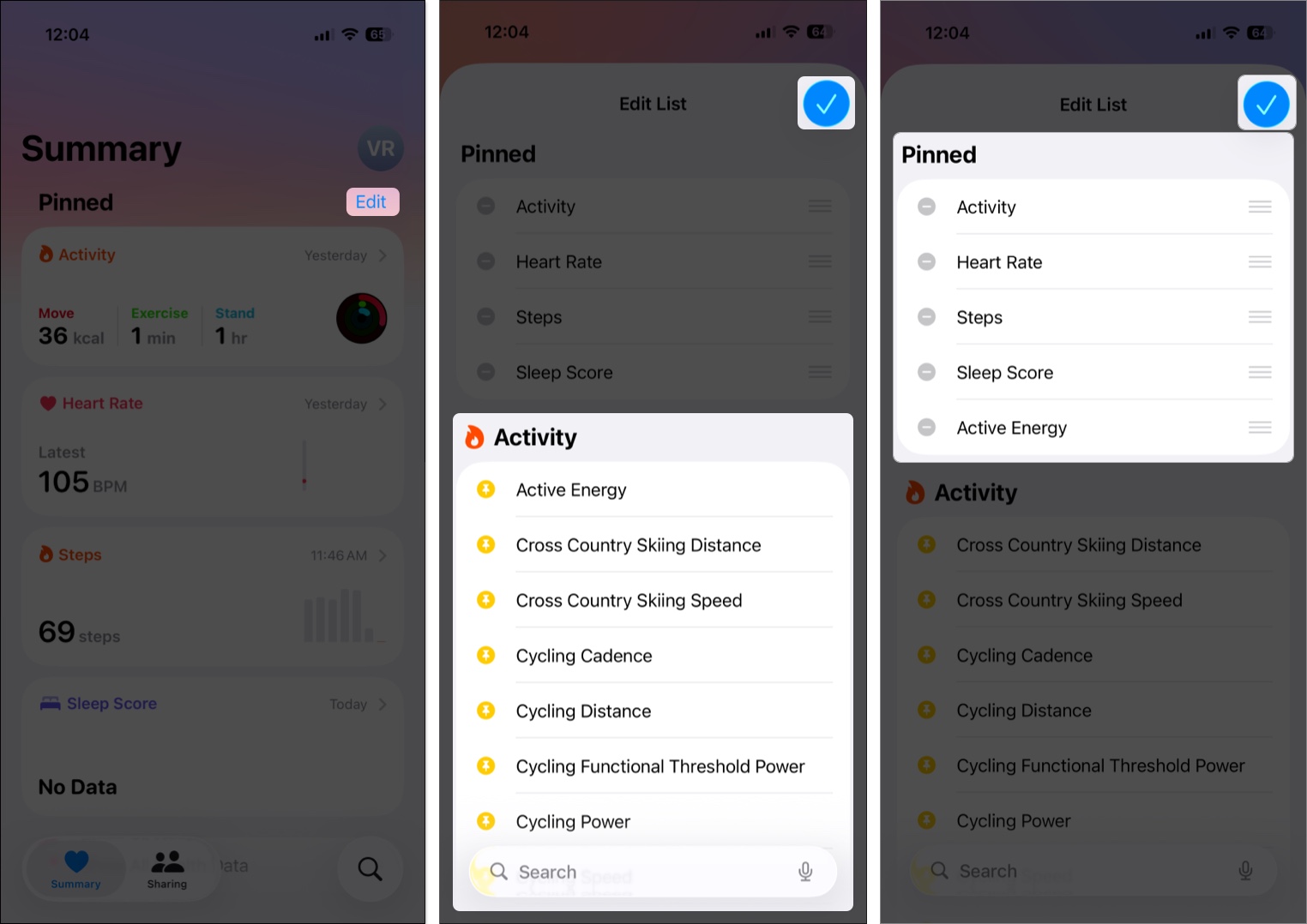 Pinning health metric to the Summary tab in the Health app