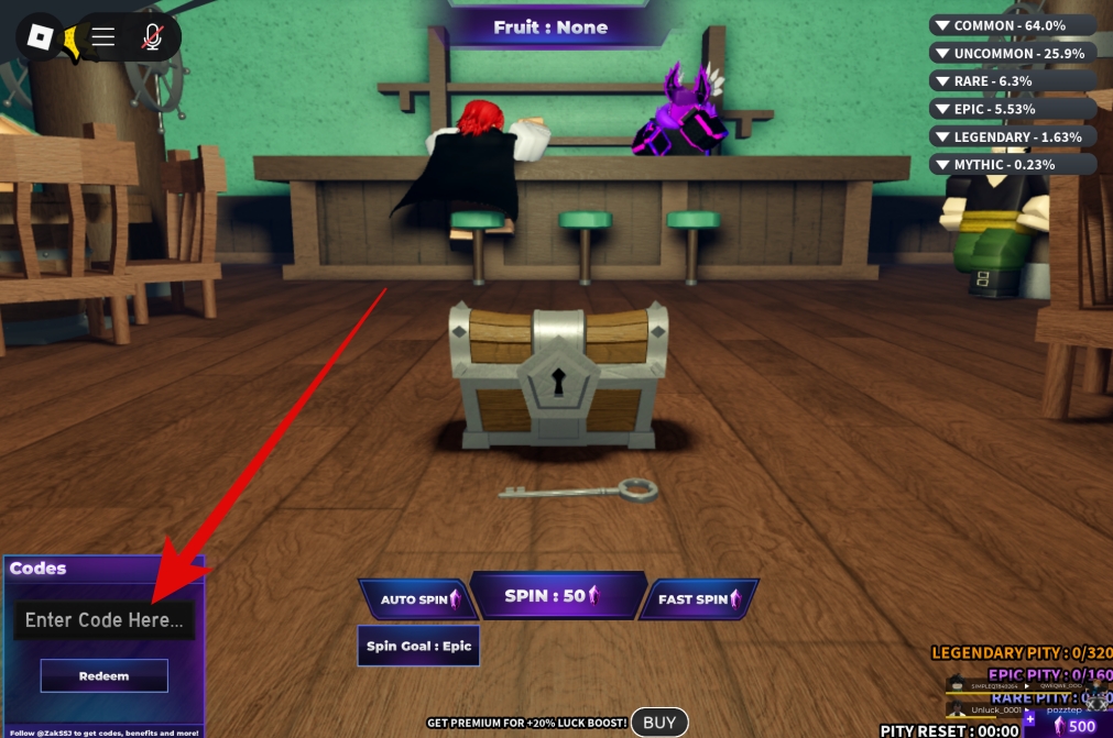 Redeem codes in Roblox Fruit Battlegrounds from Codes section