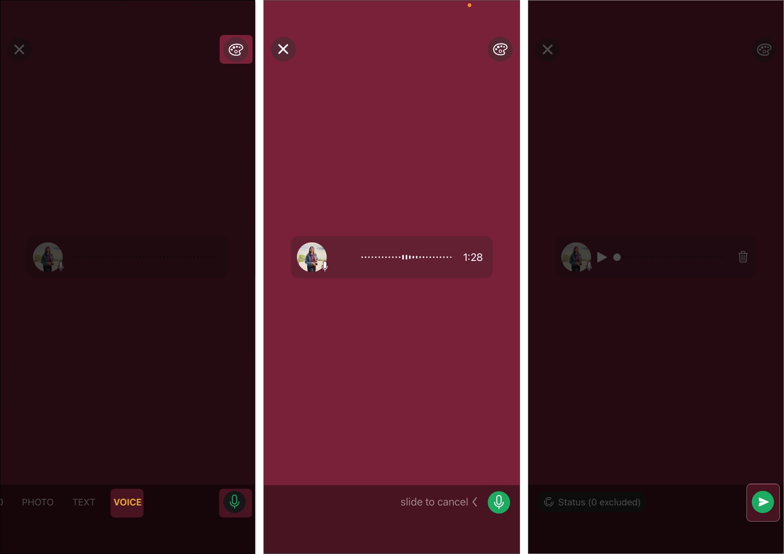 Select Voice above the keyboard and long-press the mic icon to record your audio