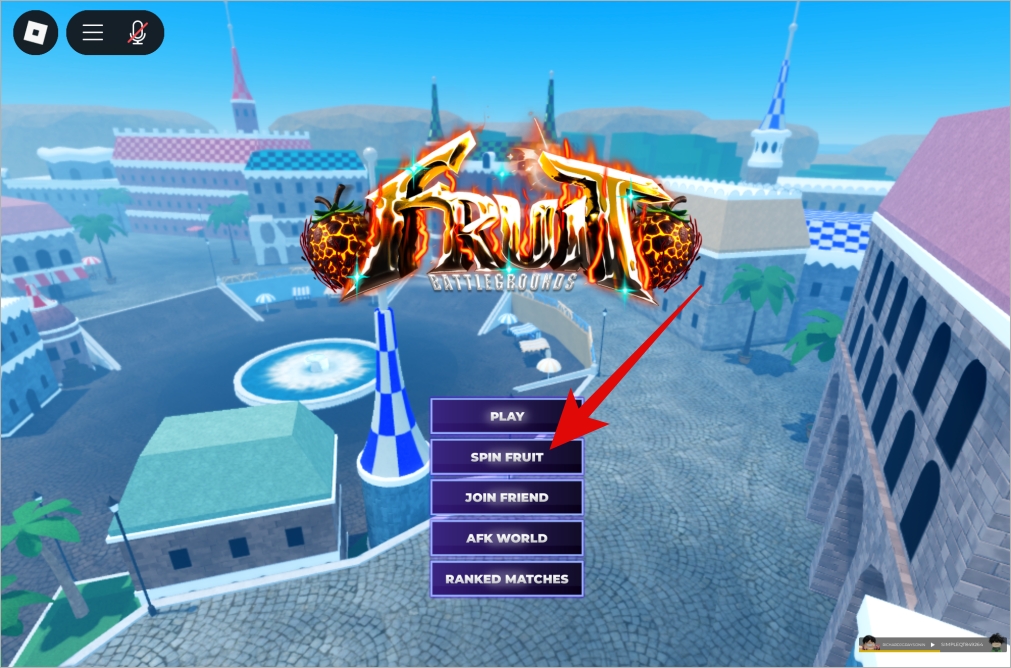 Spin for fruits in Roblox Fruit Battlegrounds from main menu