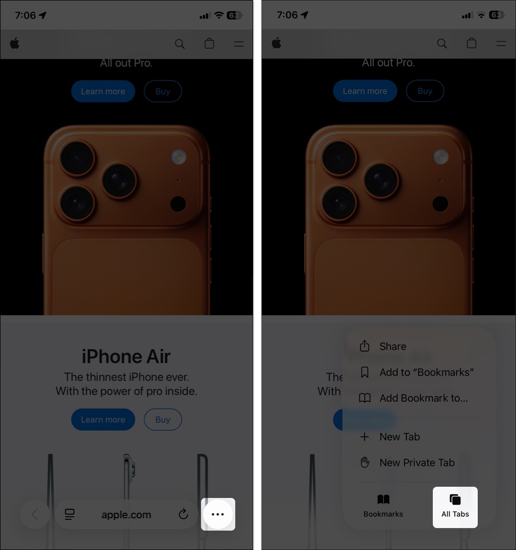 Tap the More (three-dot) button, then select All Tabs.