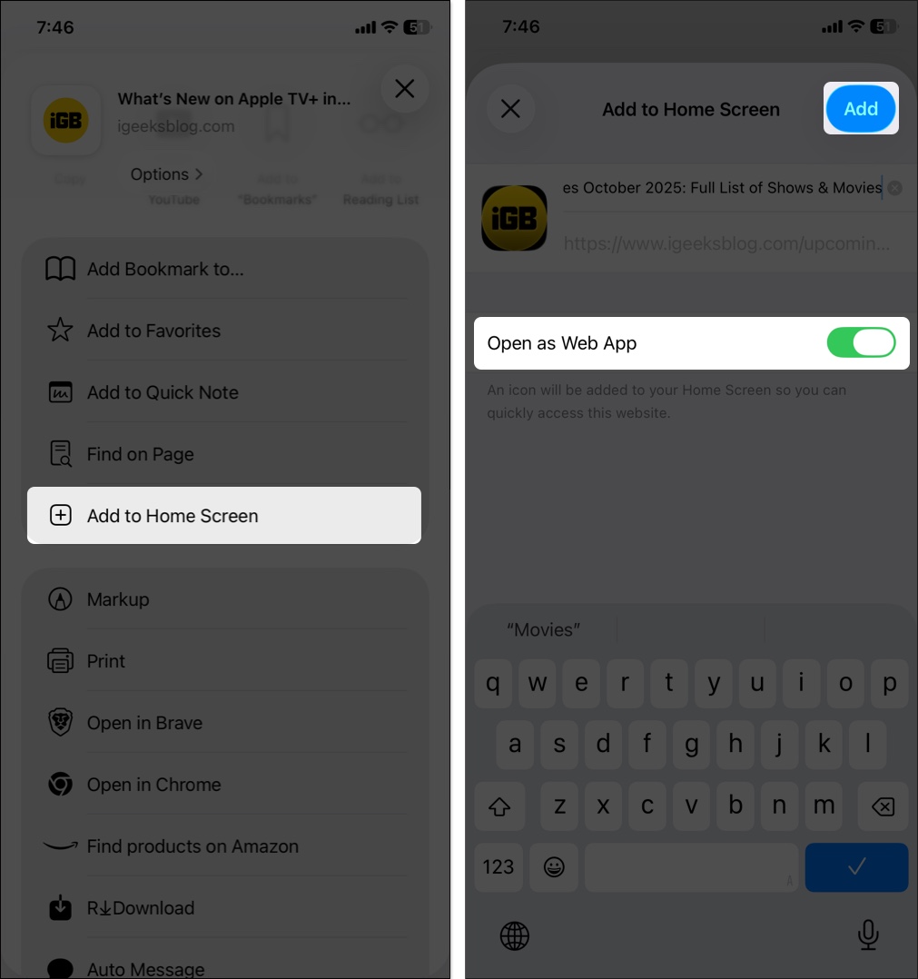 Tap Add to Home Screen and toggle on Open as Web App