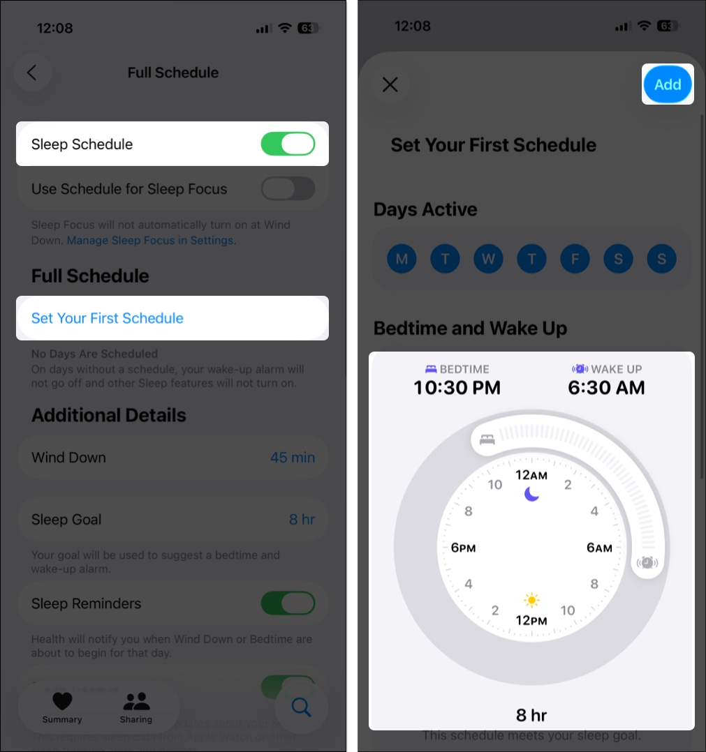 Tap Set Your First Schedule under Full Schedule