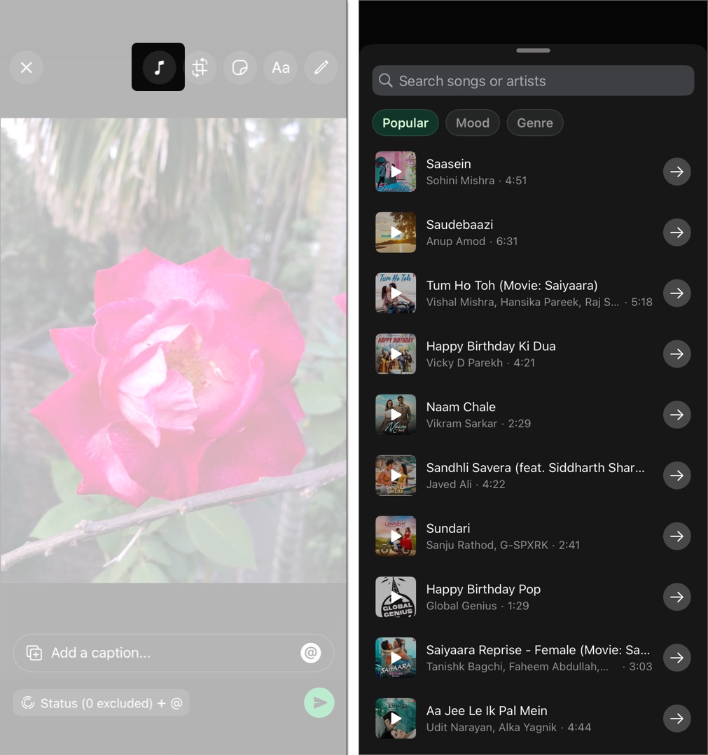 Tap the music note icon at the top to add music to whatsapp status