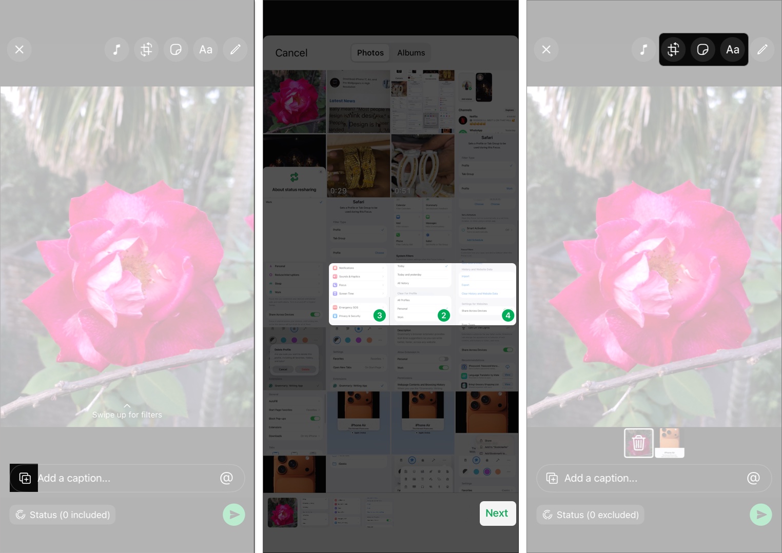 Tap the plus icon to share multiple photos and videos