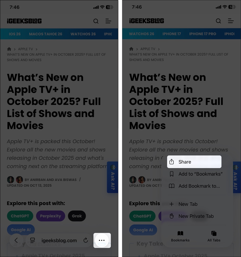 Tap the three-dot icon and select Share