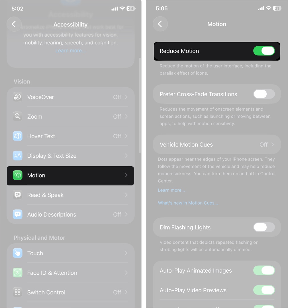 Toggle on Reduce Motion