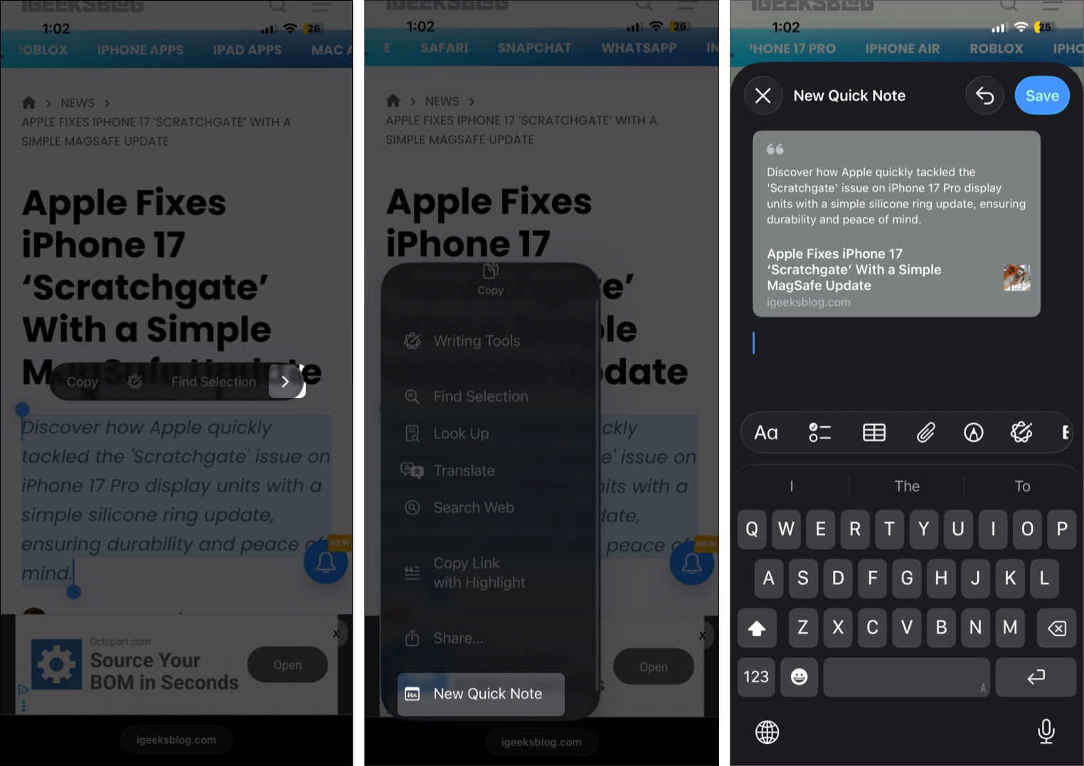 Open the webpage, Tap and hold for the selector tool, Tap the > icon and select New Quick Note.