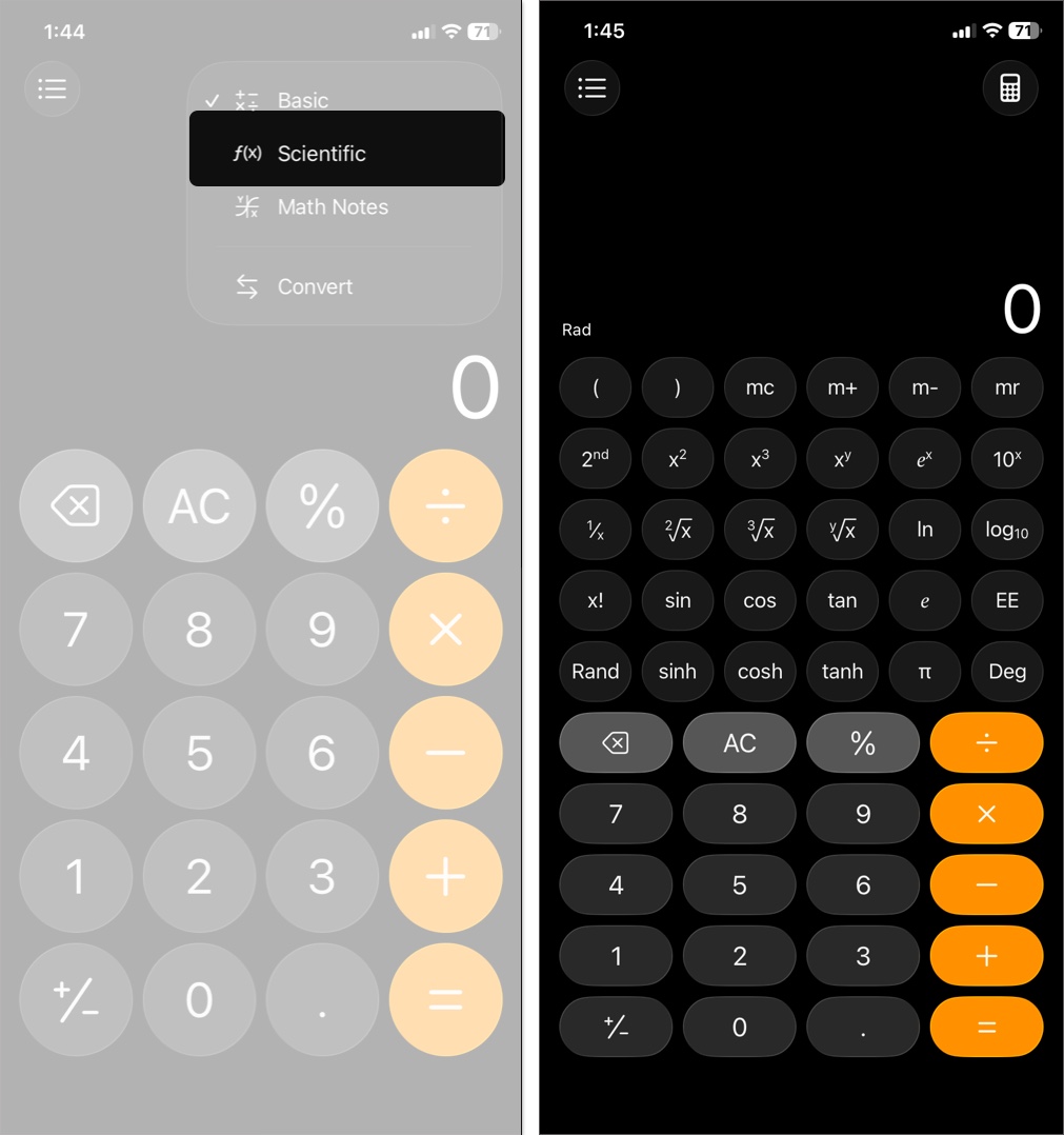 Access scientific calculator on iPhone