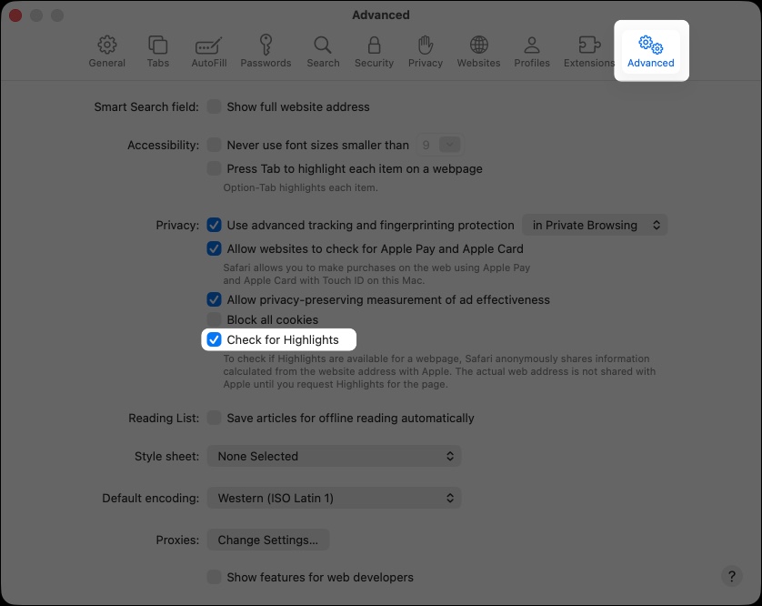 Enable check for highlights on the Mac