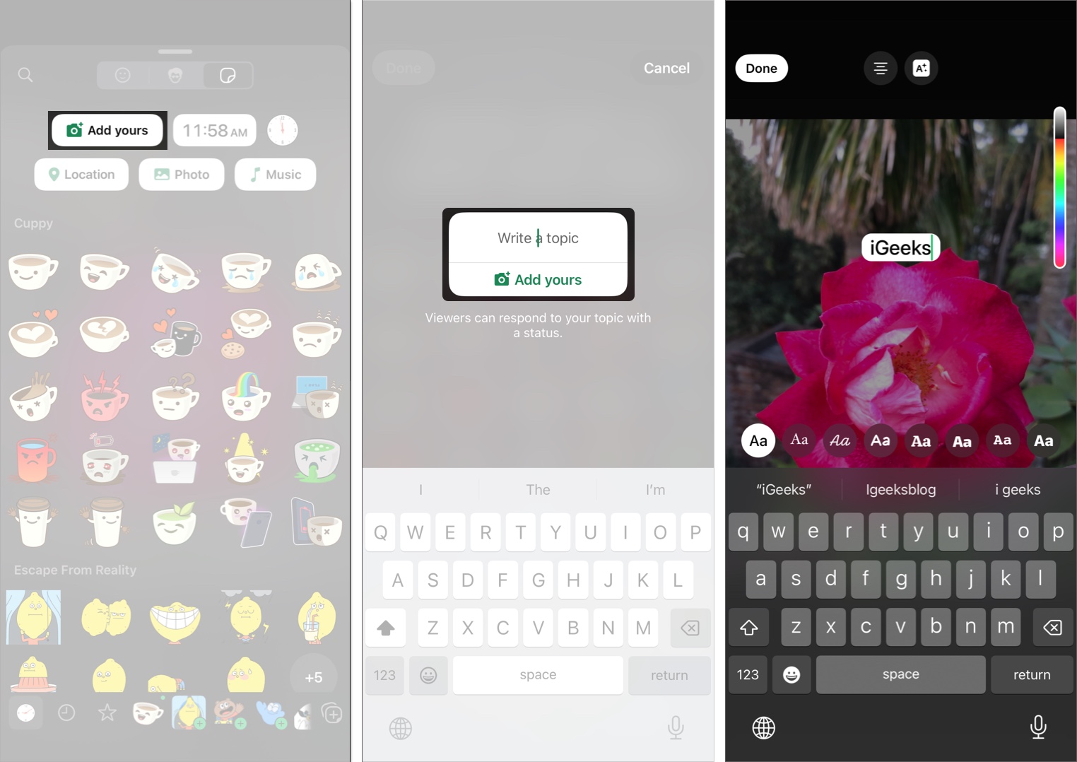 select Add yours to ask viewers to respond with a photo status
