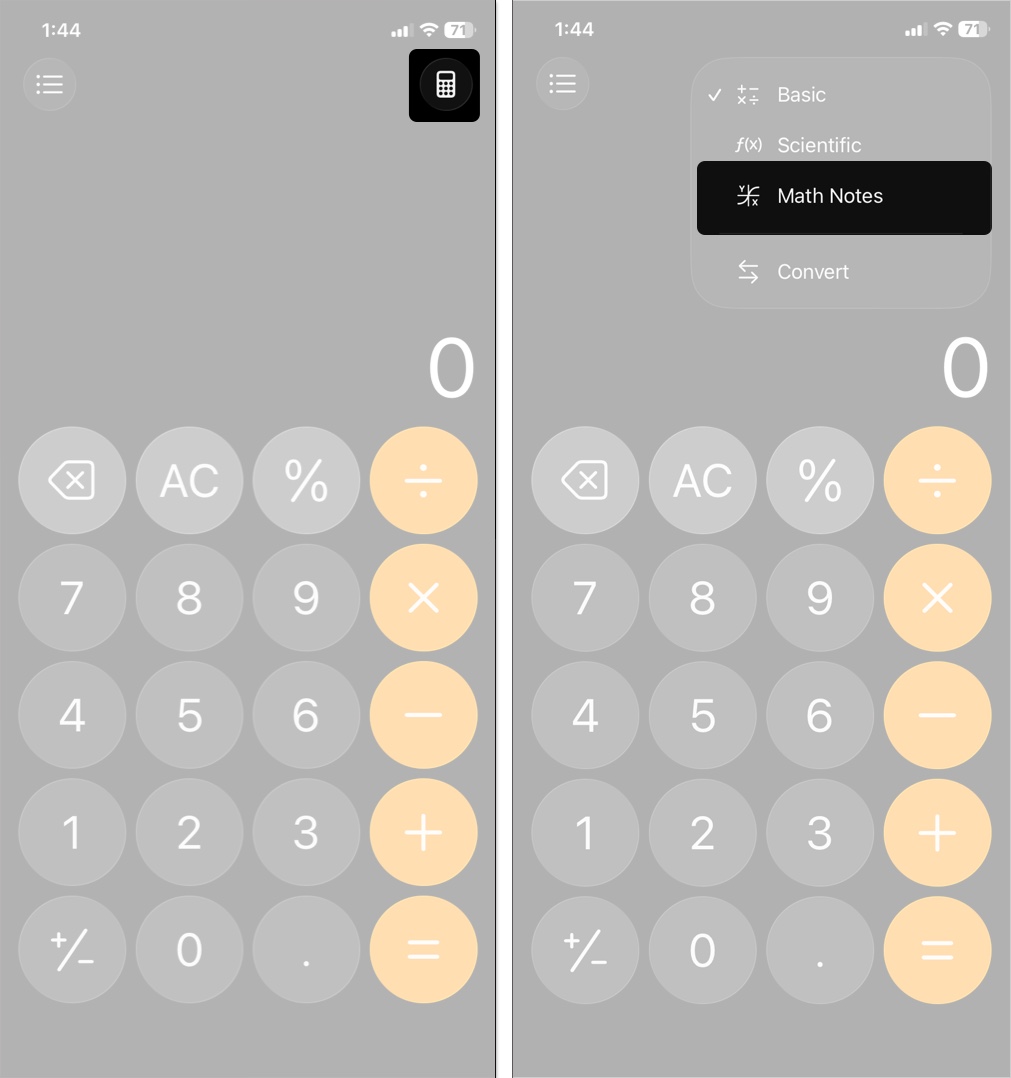 Tap calculator icon and choose math notes