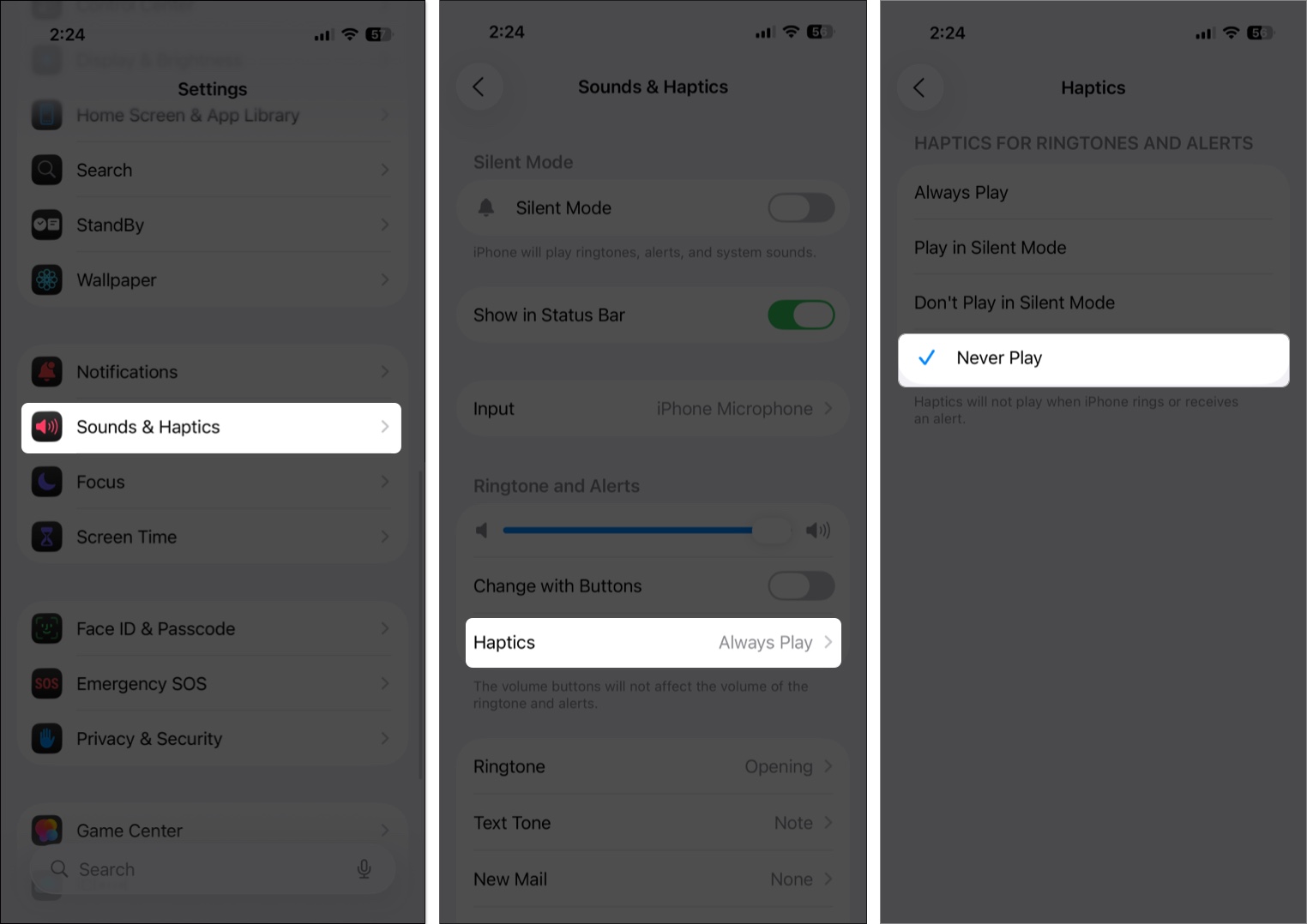 Turn off vibration for calls and alerts