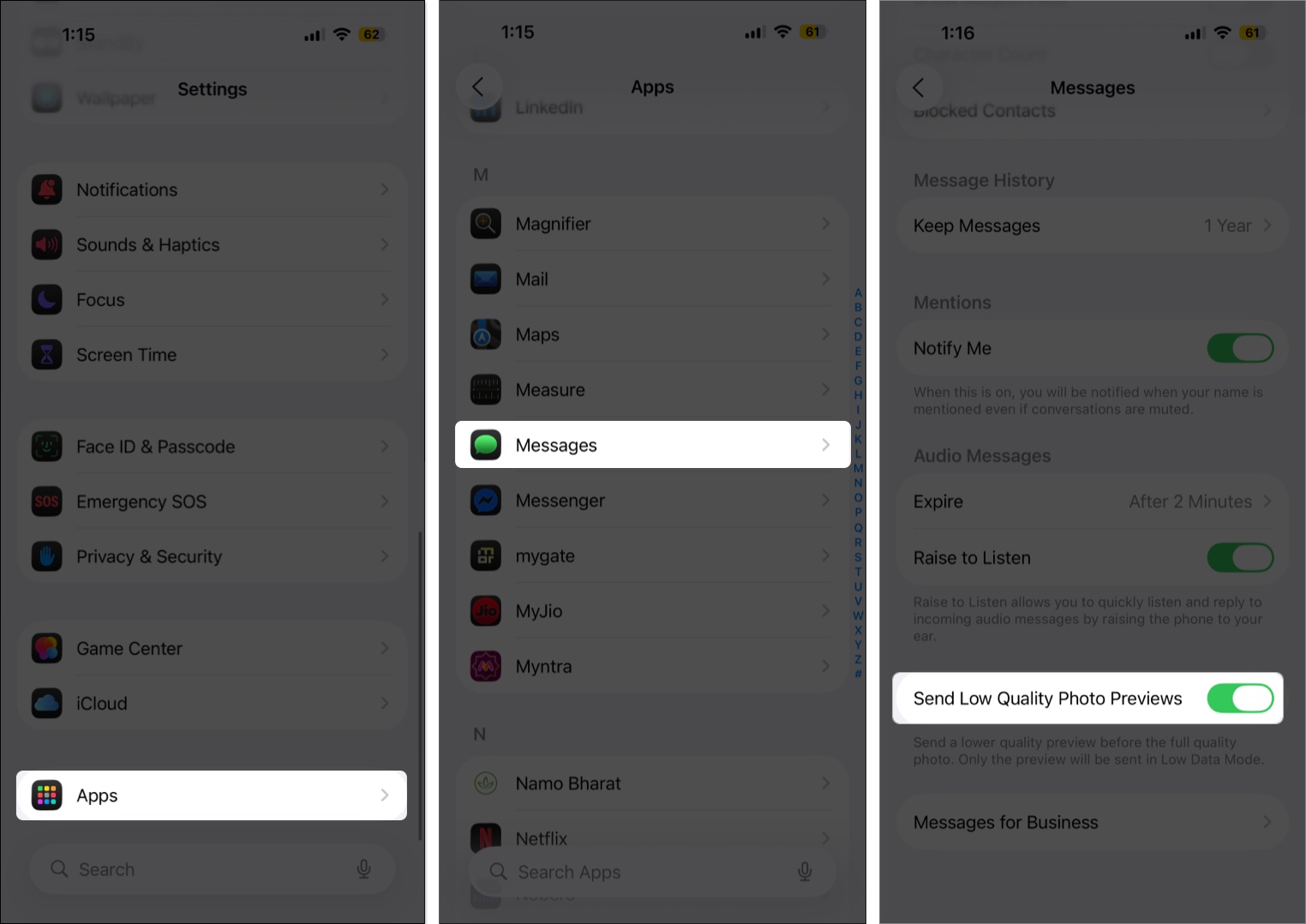 Turn on send low quality photo previews from iPhone settings