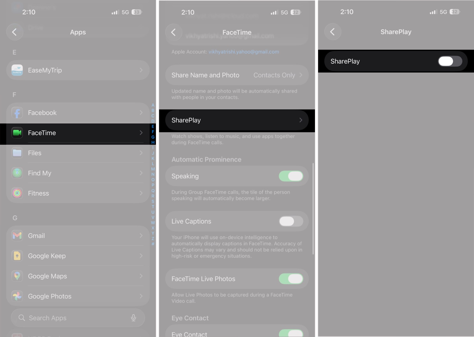 Disable SharePlay Using FaceTime Settings