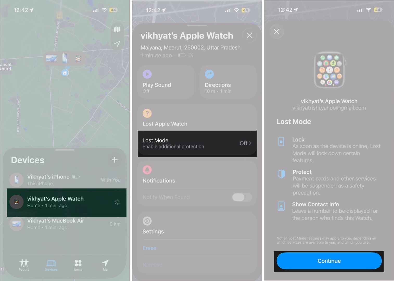 Enable Lost Mode for Apple Watch in Find My by selecting device and tapping Continue