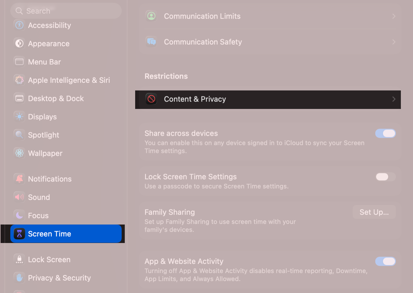 Open Settings select Screen Time then choose Content and Privacy under Restrictions