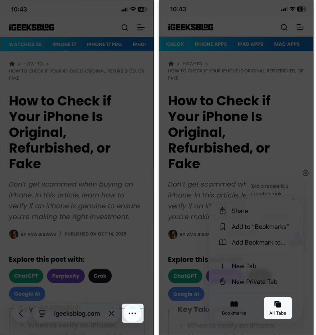 Tap the three-dot icon and then tap All Tabs