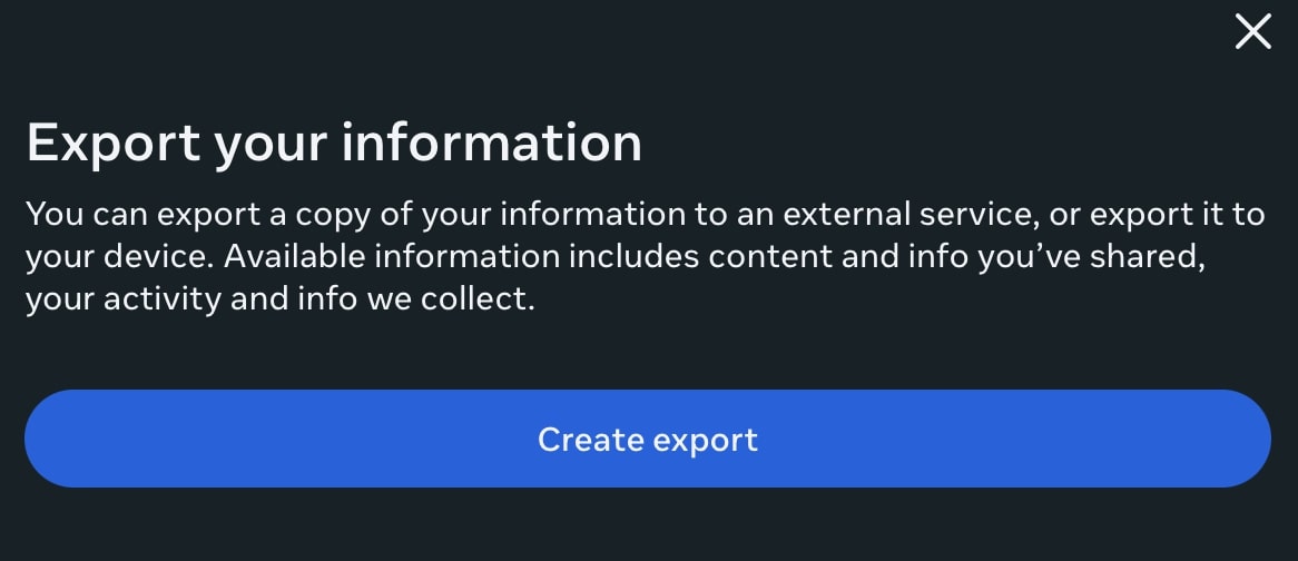 Click the Create Export button to Start the Process.