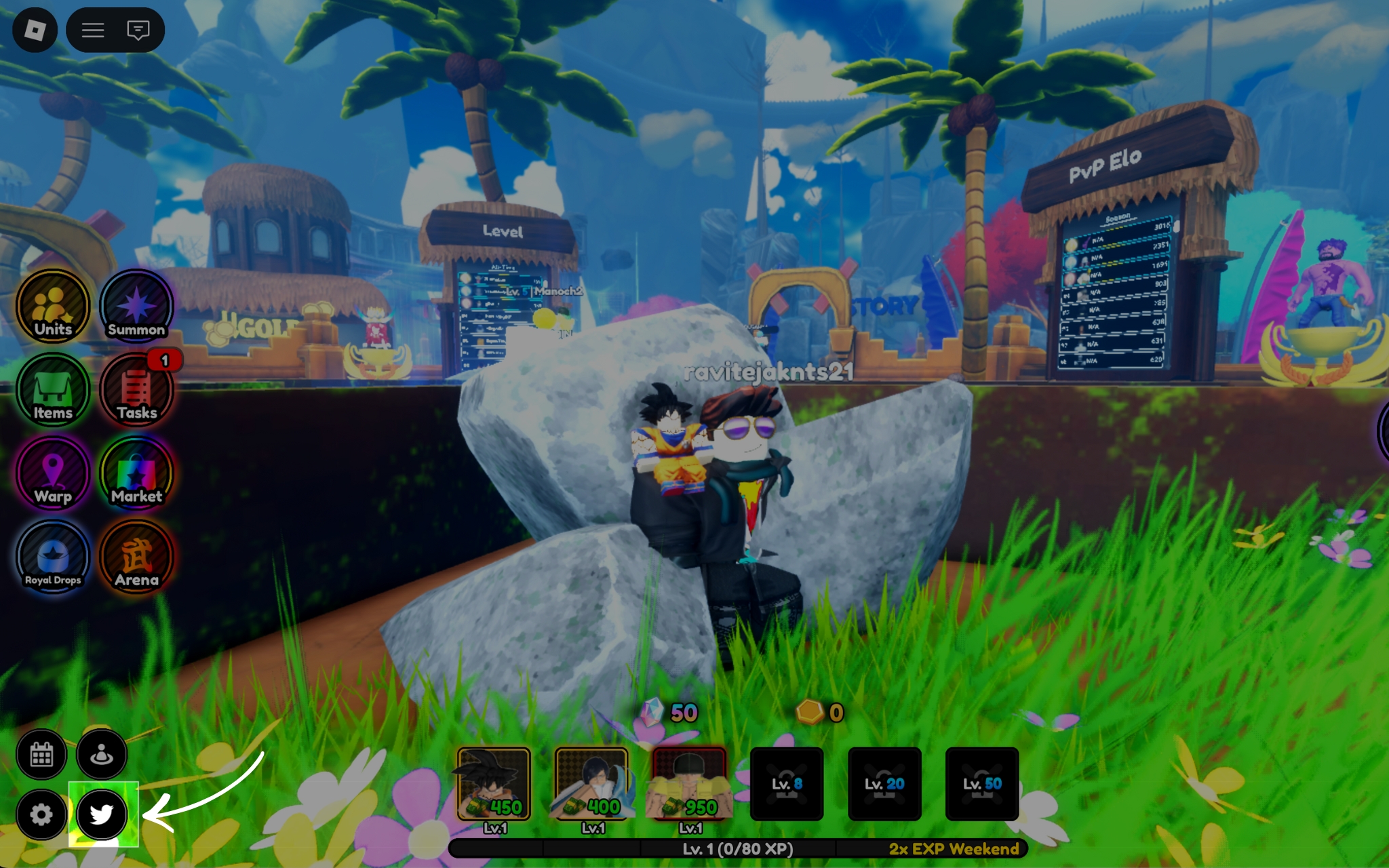 Click the Twitter bird icon in bottom-left corner