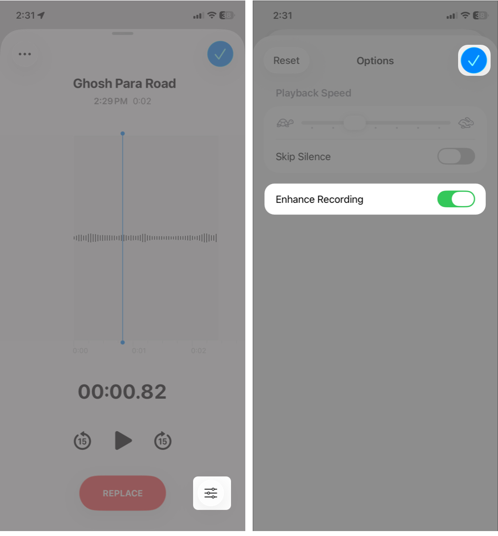 Tap the control button and toggle on enhance recording