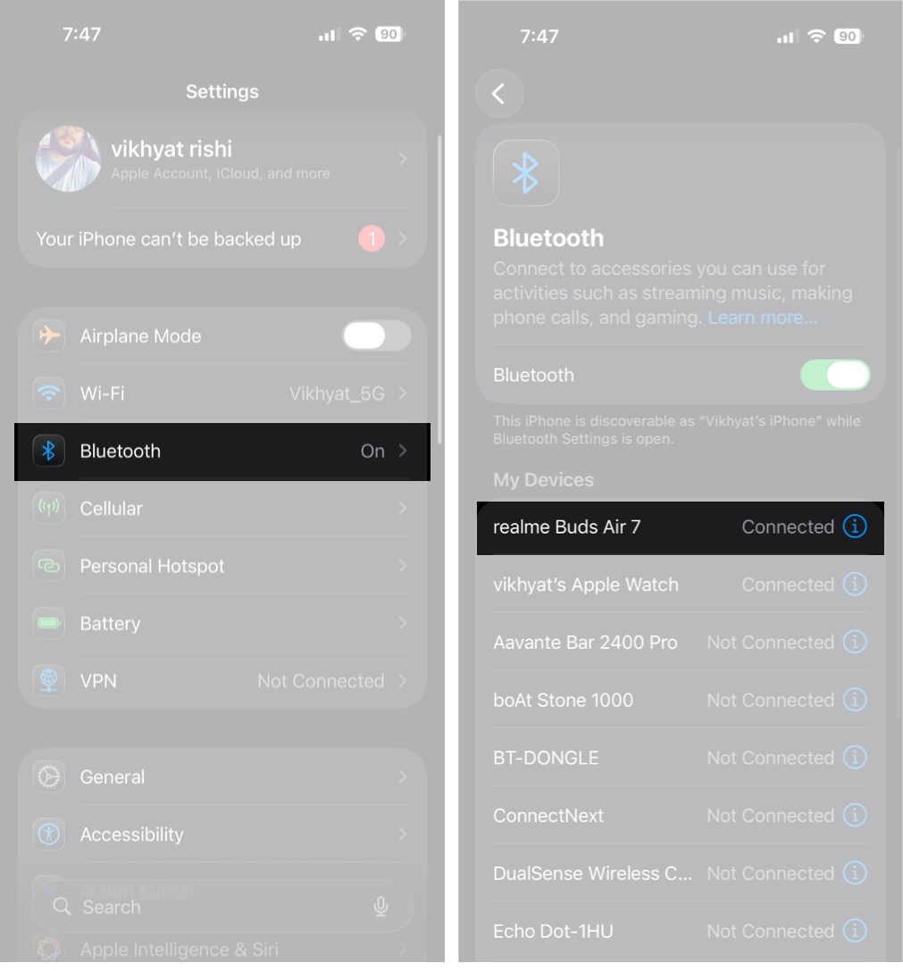 Go to Settings, tap Bluetooth and Tap the (i) button