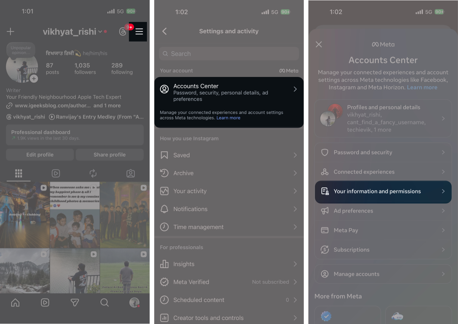 In Your Profile Tap the hamburger icon Tap Your Information And Permissions