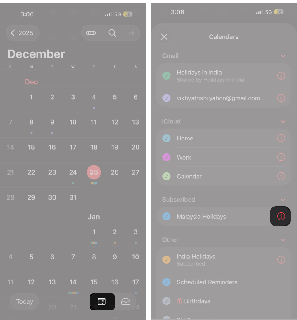 Open Calendar, tap the Calendar icon, and tap the i button next to the suspicious calendar