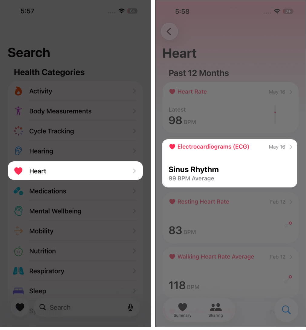 Open Health, tap Search > Heart > Electrocardiograms (ECG), and follow the setup instructions