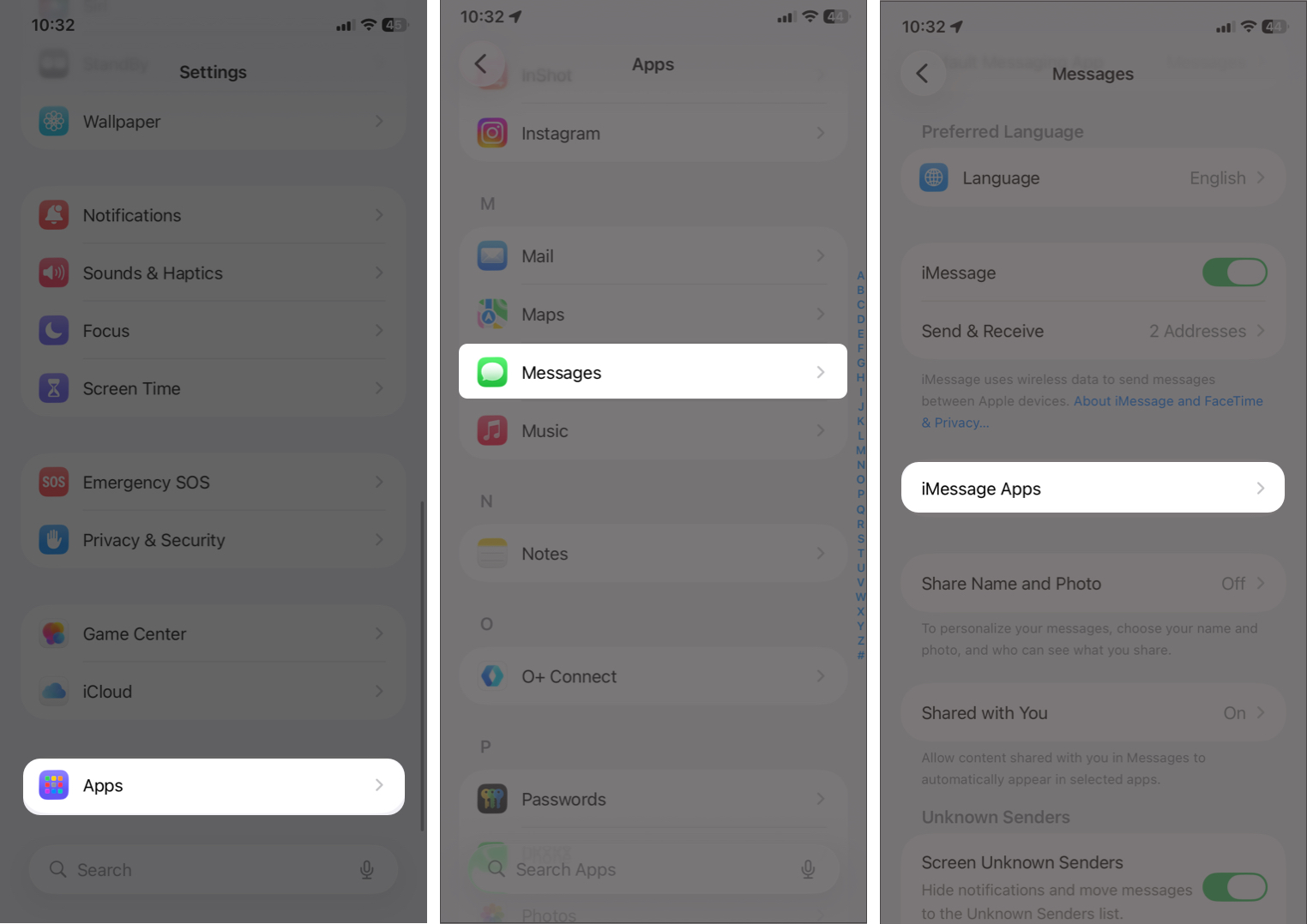Opening Settings, selecting Apps, choosing Messages, and tapping iMessage Apps.