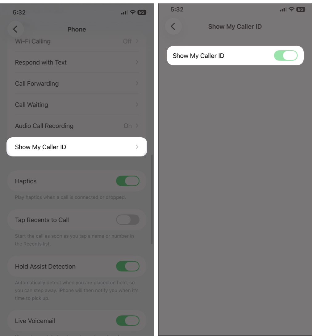 Open Show My Caller ID and switch the toggle off.