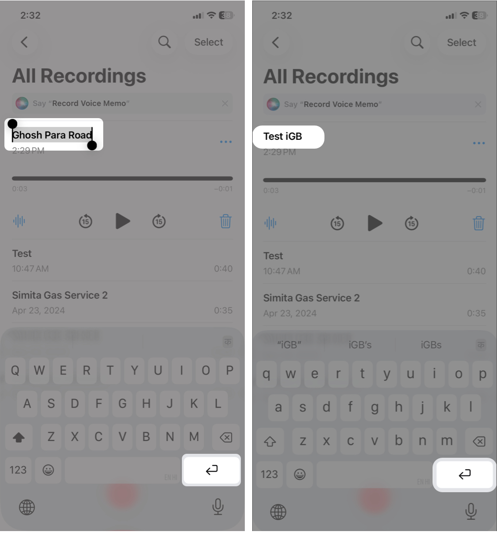 Tap the recording Select the recording name and Enter a custom title And Save It