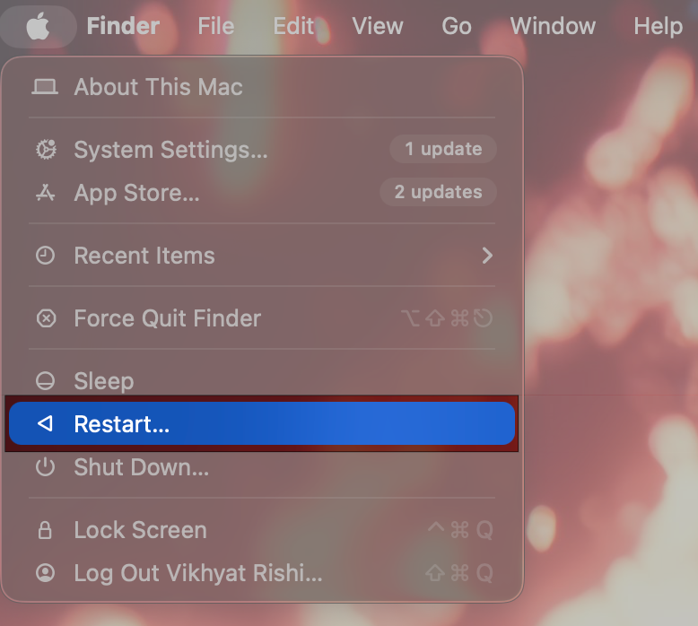 Click the Apple icon and Click Restart   