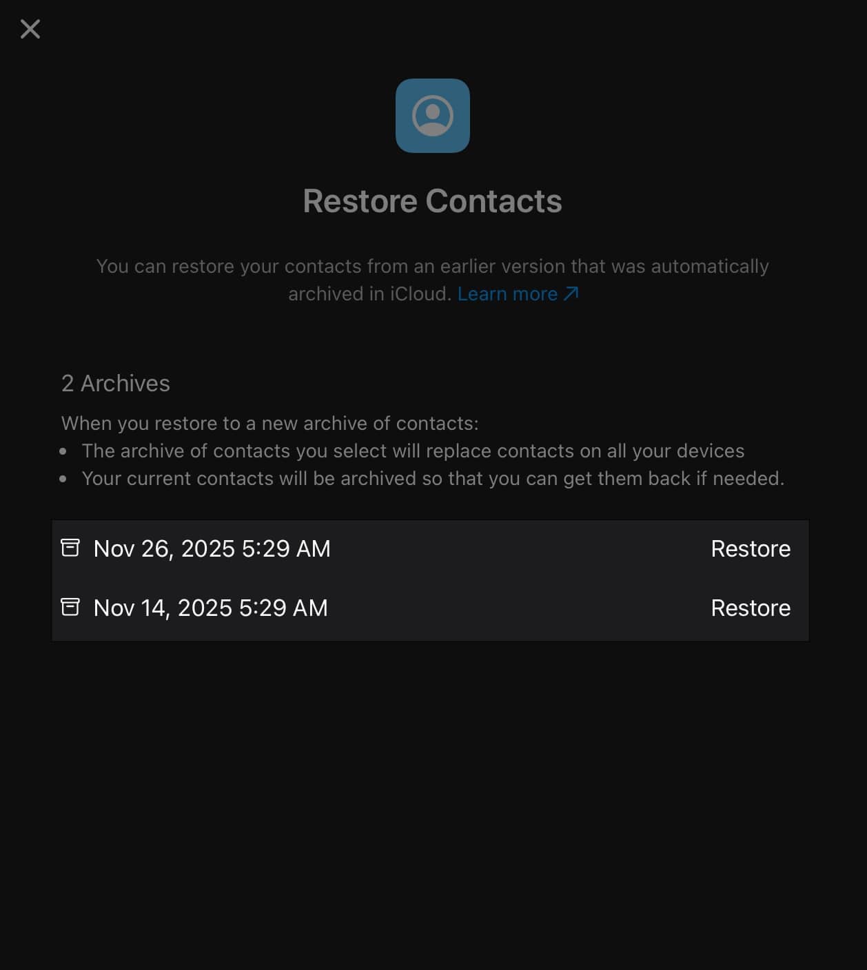Restore next to the contact