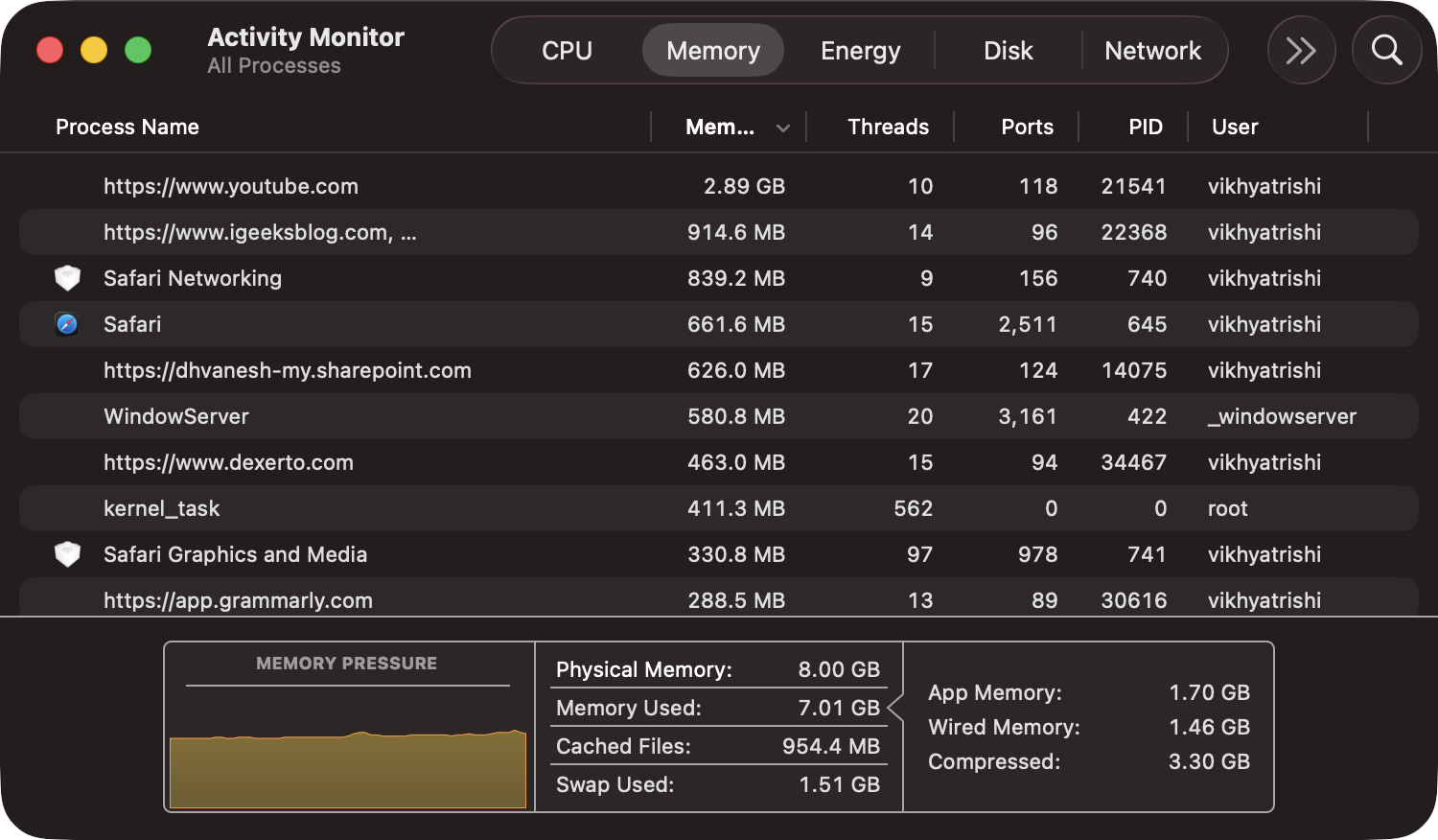 In the Activity Monitor window, check out which apps are using the most memory.