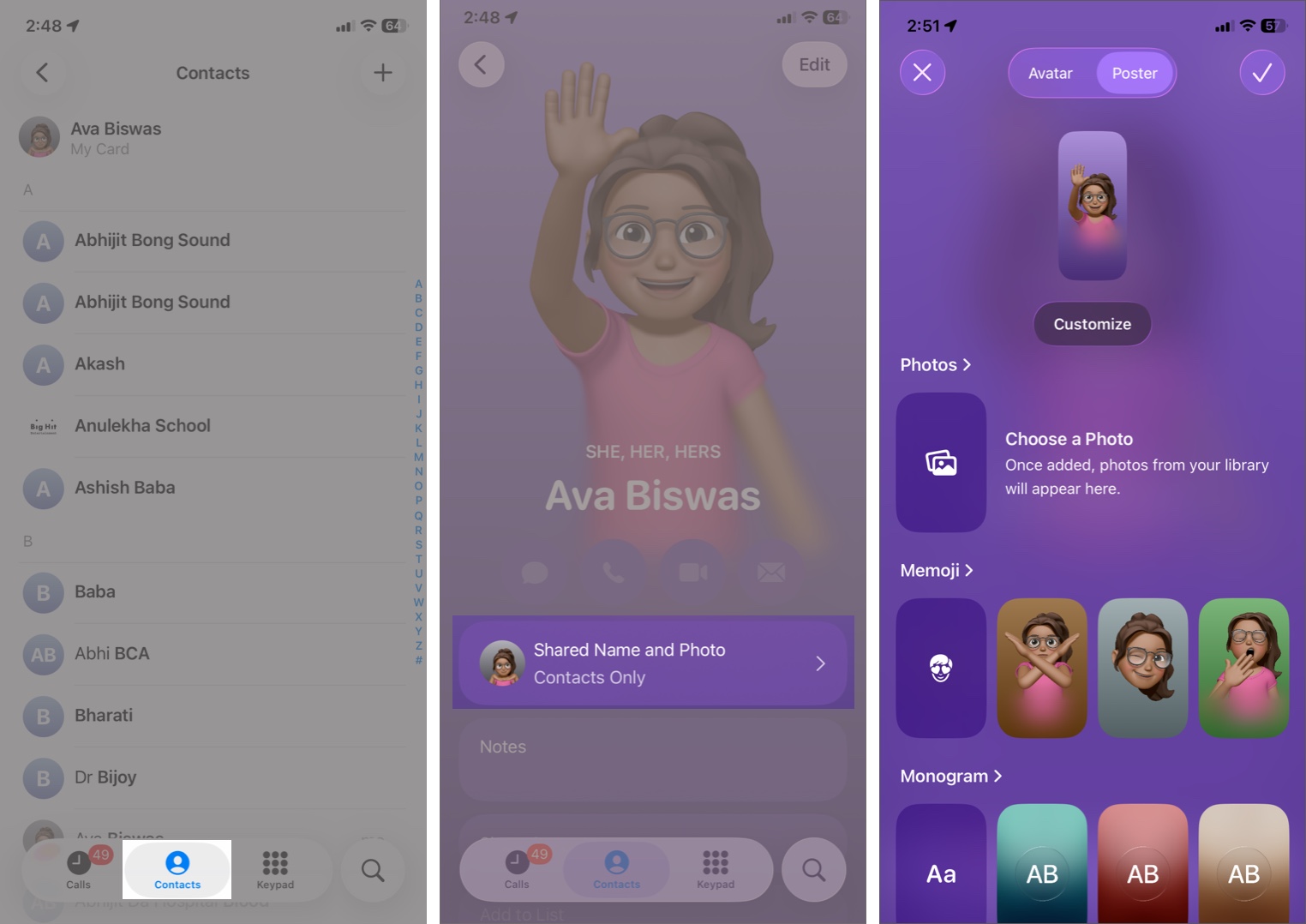 Select My Card, Tap on Shared Name and Photo and Then Tap Poster