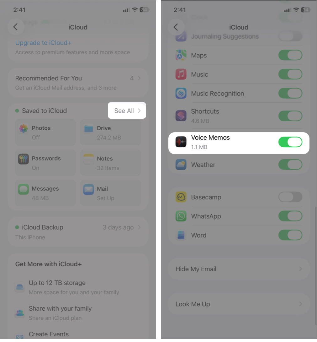 Tap see all and toggle on voice memos