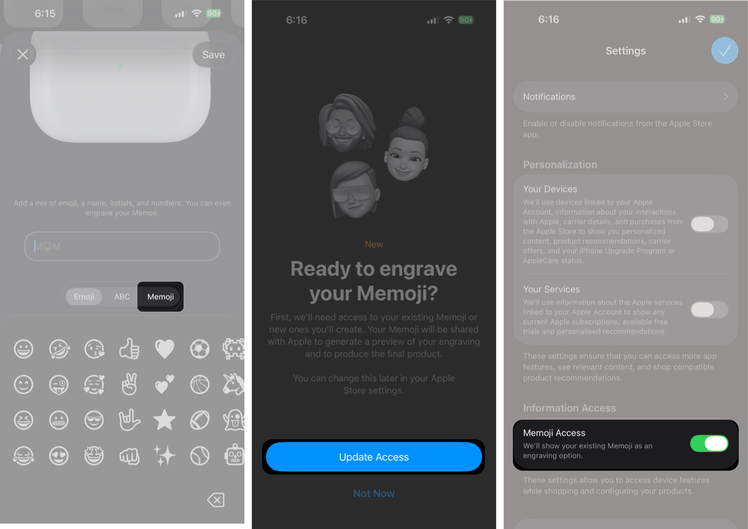 Tap Add Engraving, Select The Text Bar, and switch to Memoji