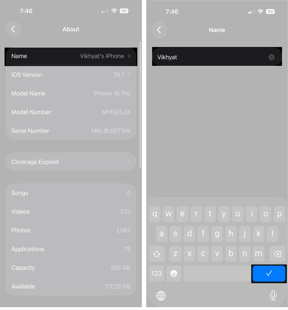 Tap on Name to change