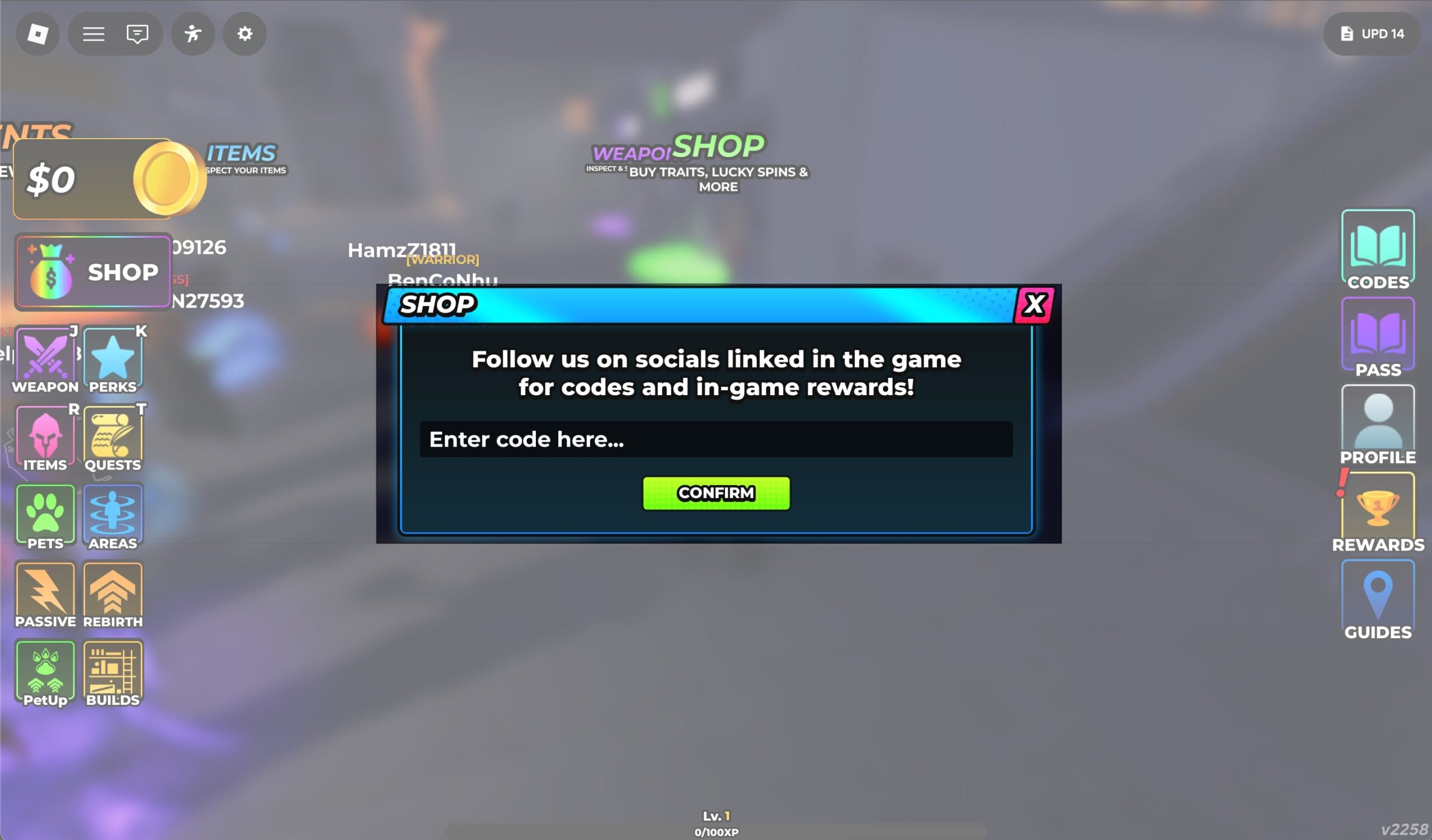 Type any working code and Hit Confirm