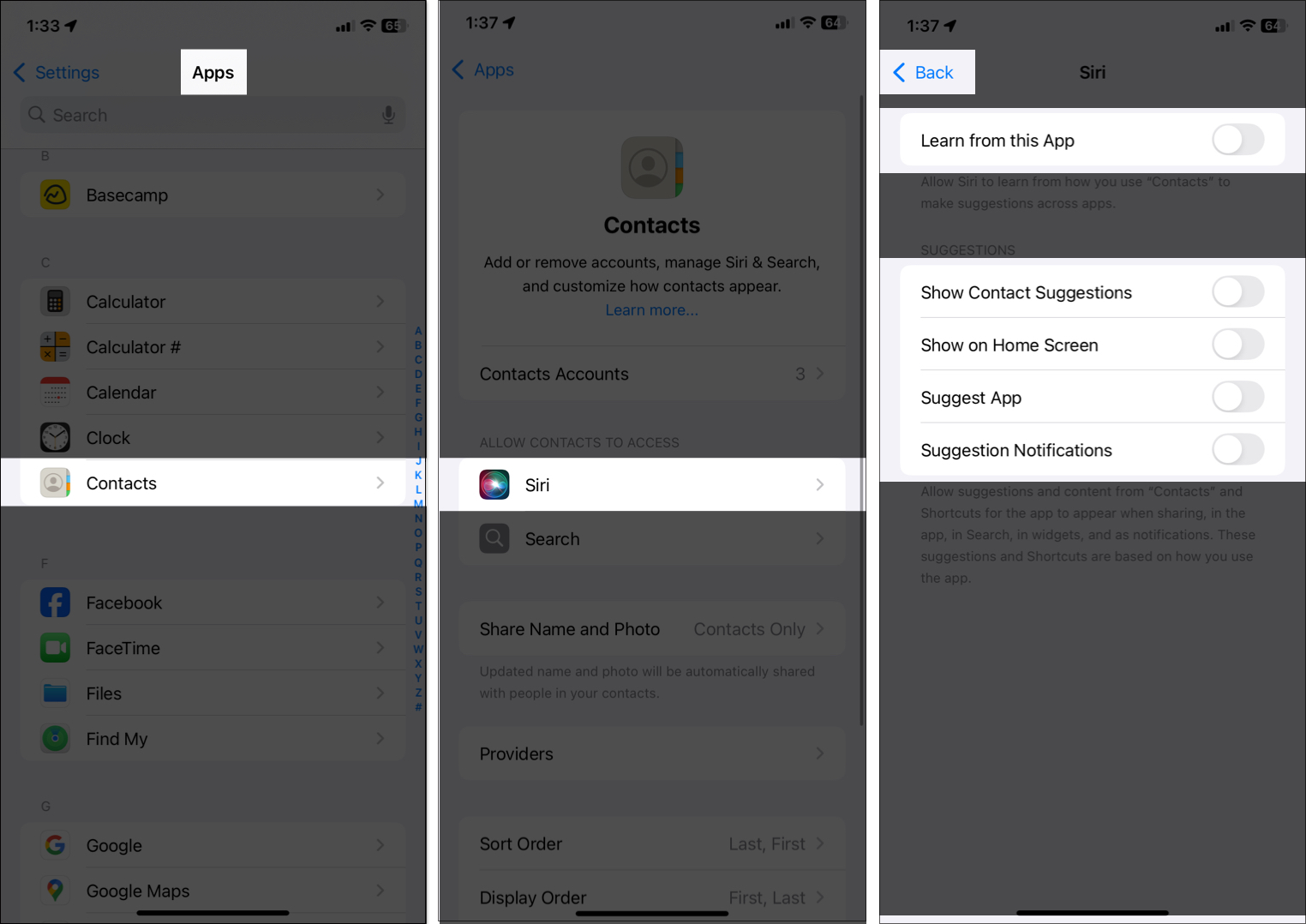 The 7 Easiest Methods to Hide Contacts on iPhone – iGeeksBlog Accessing Contacts from iOS settings and toggling off all options for Siri