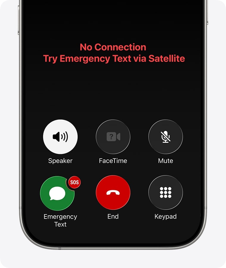 On the emergency call screen, tap Emergency Text via Satellite, select Report Emergency, and answer the emergency questions.