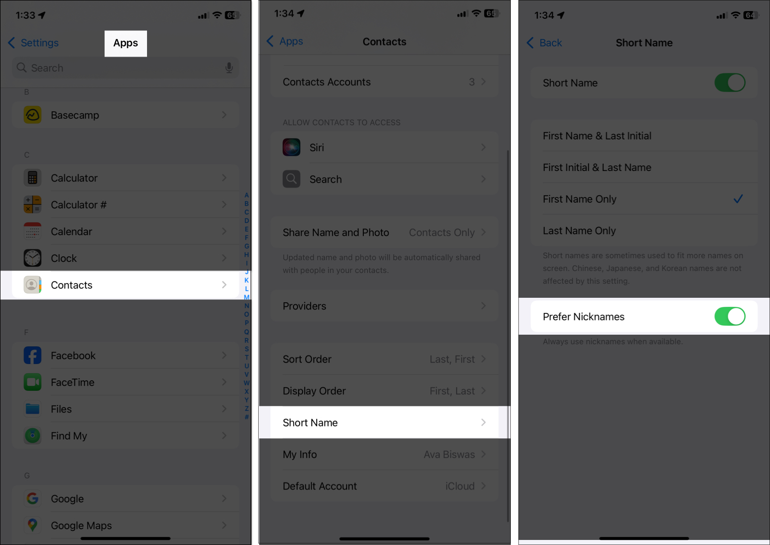 The 7 Easiest Methods to Hide Contacts on iPhone – iGeeksBlog navigating to Contacts in iPhone's settings app and toggling on Prefer Nicknames in Short name page