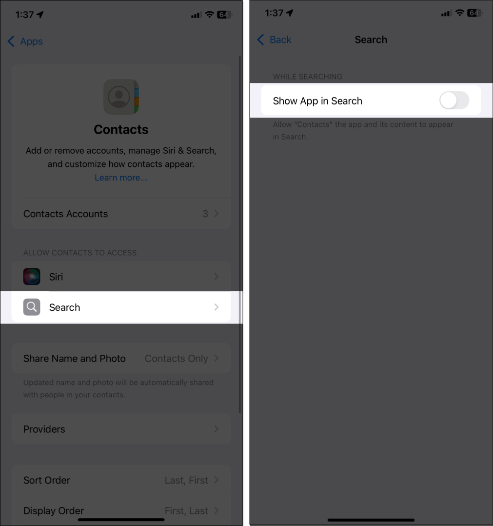 The 7 Easiest Methods to Hide Contacts on iPhone – iGeeksBlog Toggling off Show app in Search option