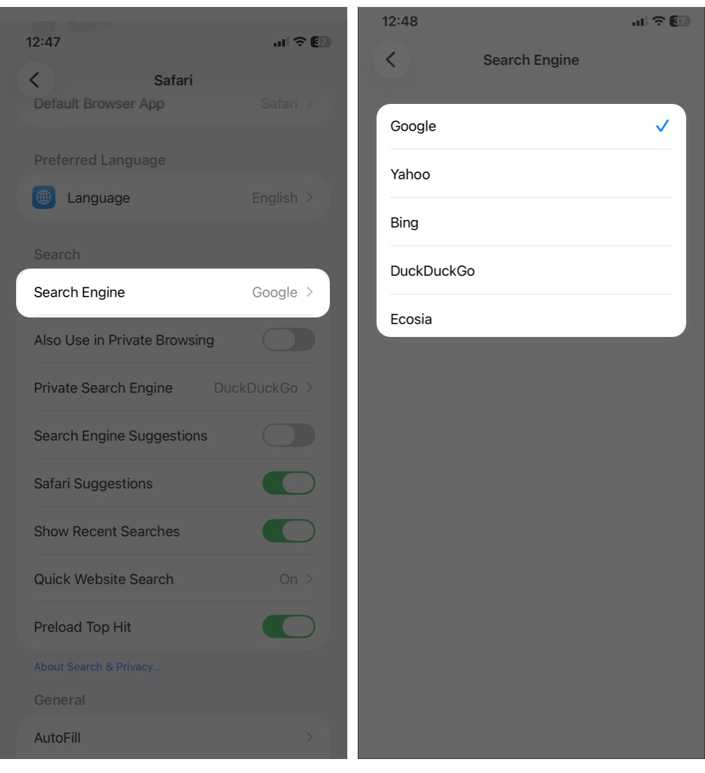 Change the default search engine from Safari Settings
