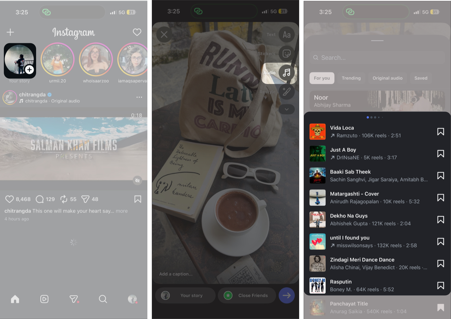 Adding music to Instagram story by searching for it in the search bar or saved music.