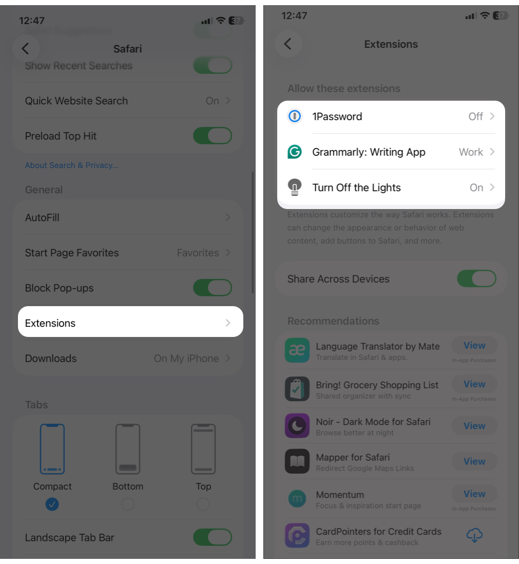 Disable Safari Extensions