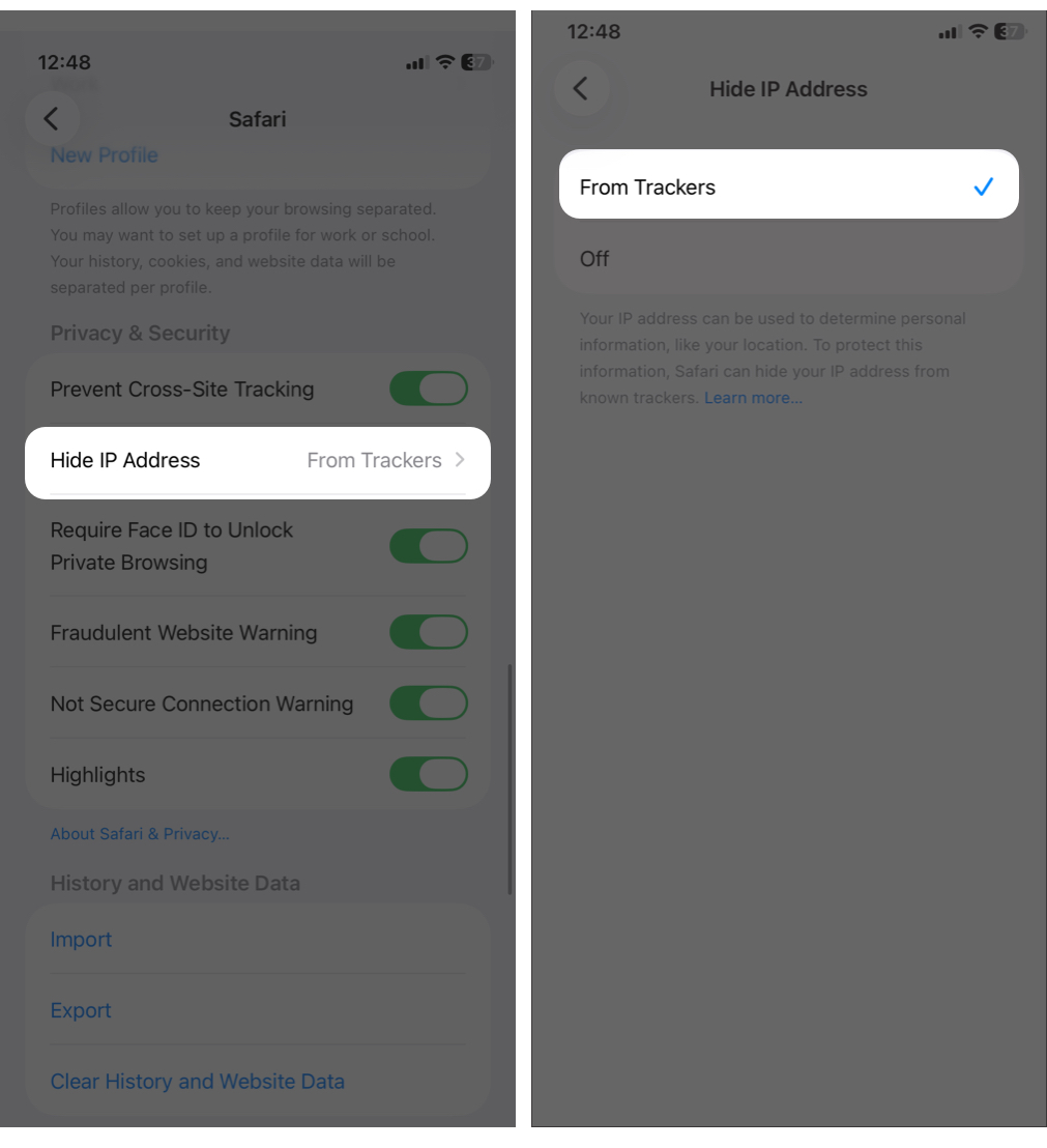 Set Hide IP Address to From Trackers.
